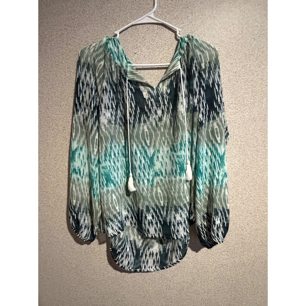 Ariat Womens Green Blue Ikat Print Tassel V-Neck Long Sleeve Peasant Blouse M